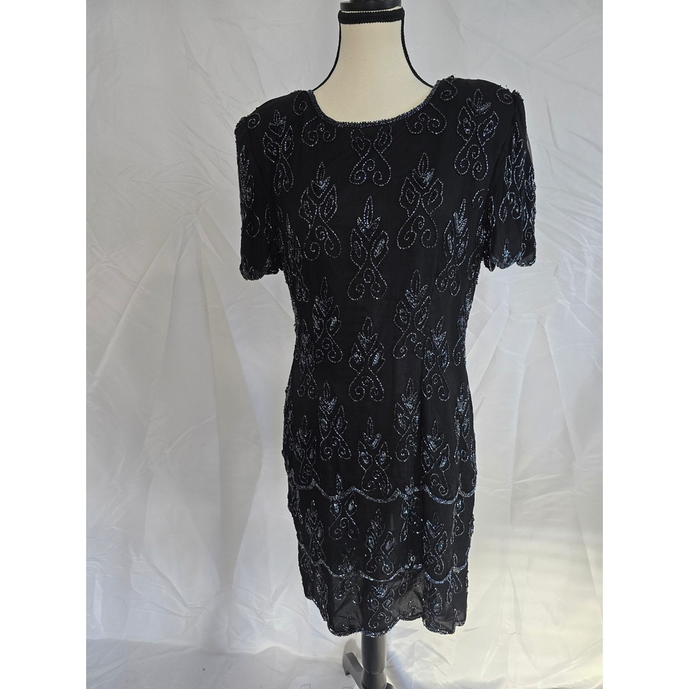Stenay Black Beaded Sheer‎ Short Sleeve Cocktail Dress Size 12